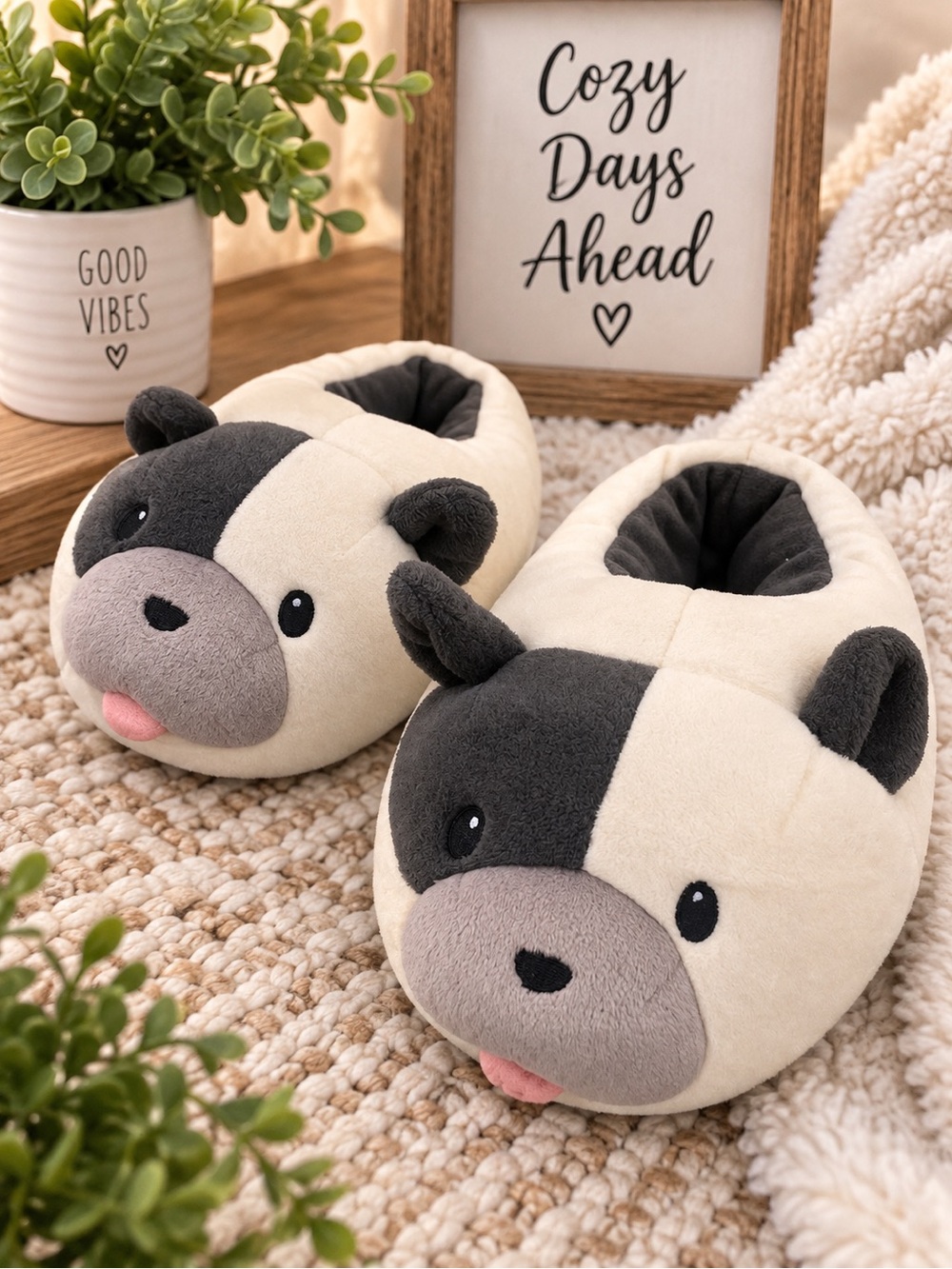 Kids Plush Dog Slippers - Cream and Black